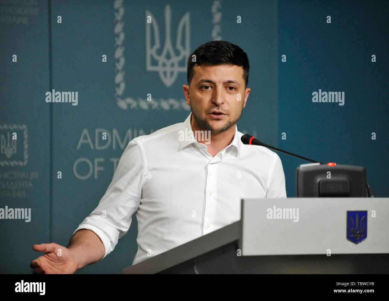 Ukrainian President Volodymyr Zelensky speaks during a briefing in Kiev. President of Ukraine Volodymyr Zelensky has appointed the former Ukrainian President Leonid Kuchma as head of the Ukrainian delegation to the Trilateral Contact Group (TCG) at the peace talks on Donbass in Minsk. Stock Photo