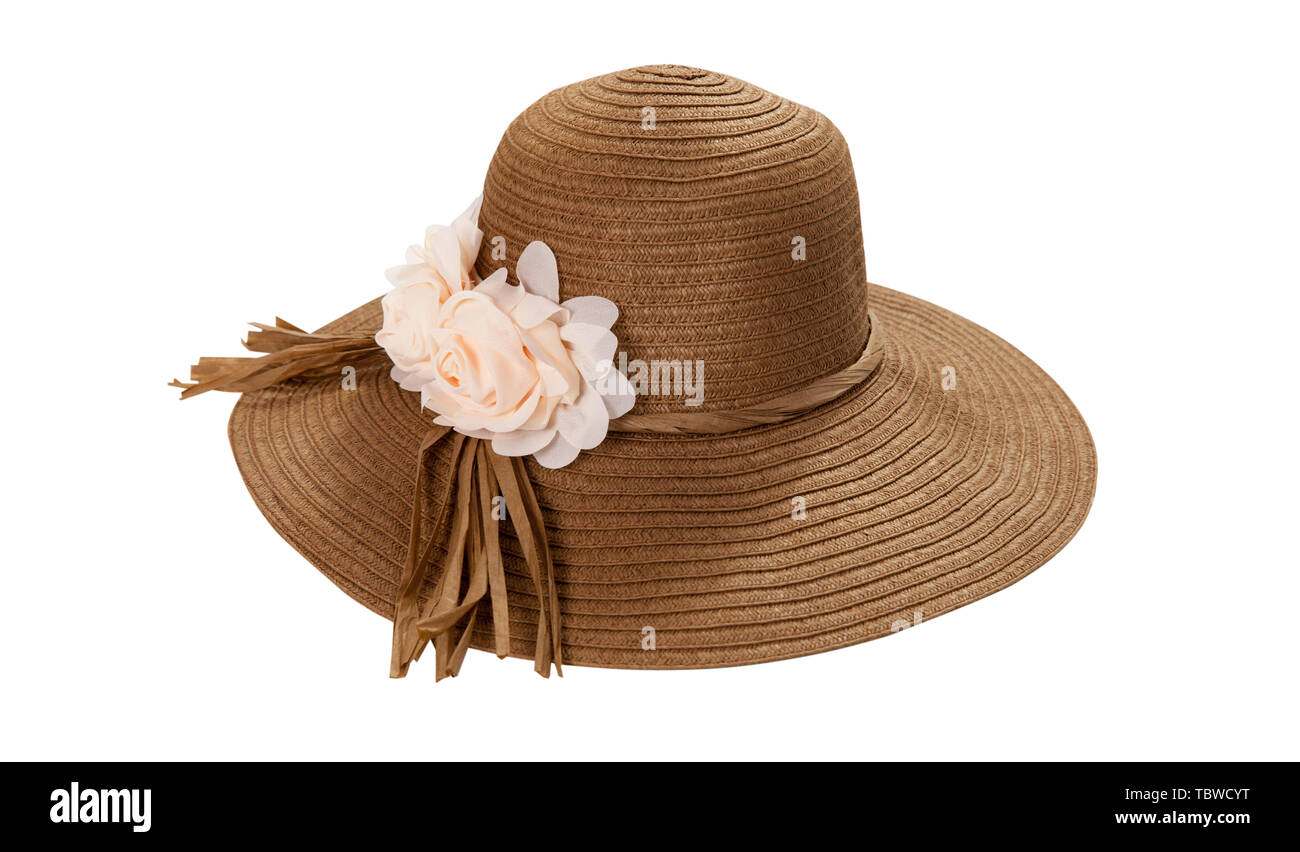 Pretty straw hat with ribbon and bow on white background. Beach hat top ...