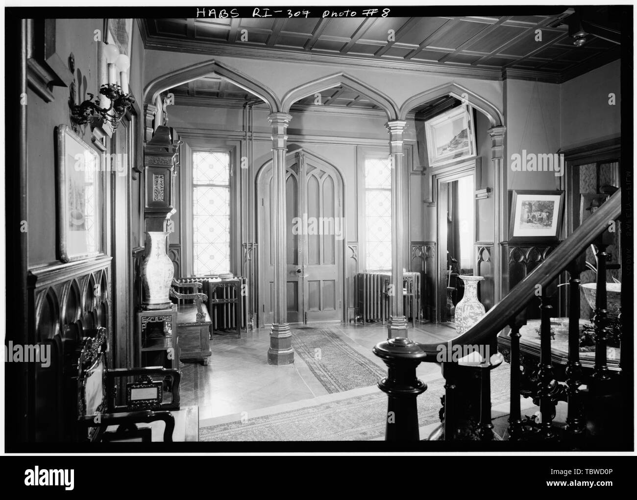 MAIN ENTRANCE, LOOKING SOUTH FROM HALL  Kingscote, Bellevue Avenue and Bowery Street, Newport, Newport County, RI Upjohn, Richard Mason, George Champlin, Jr White, Stanford Newton, Dudley Preservation Society of Newport County Stock Photo