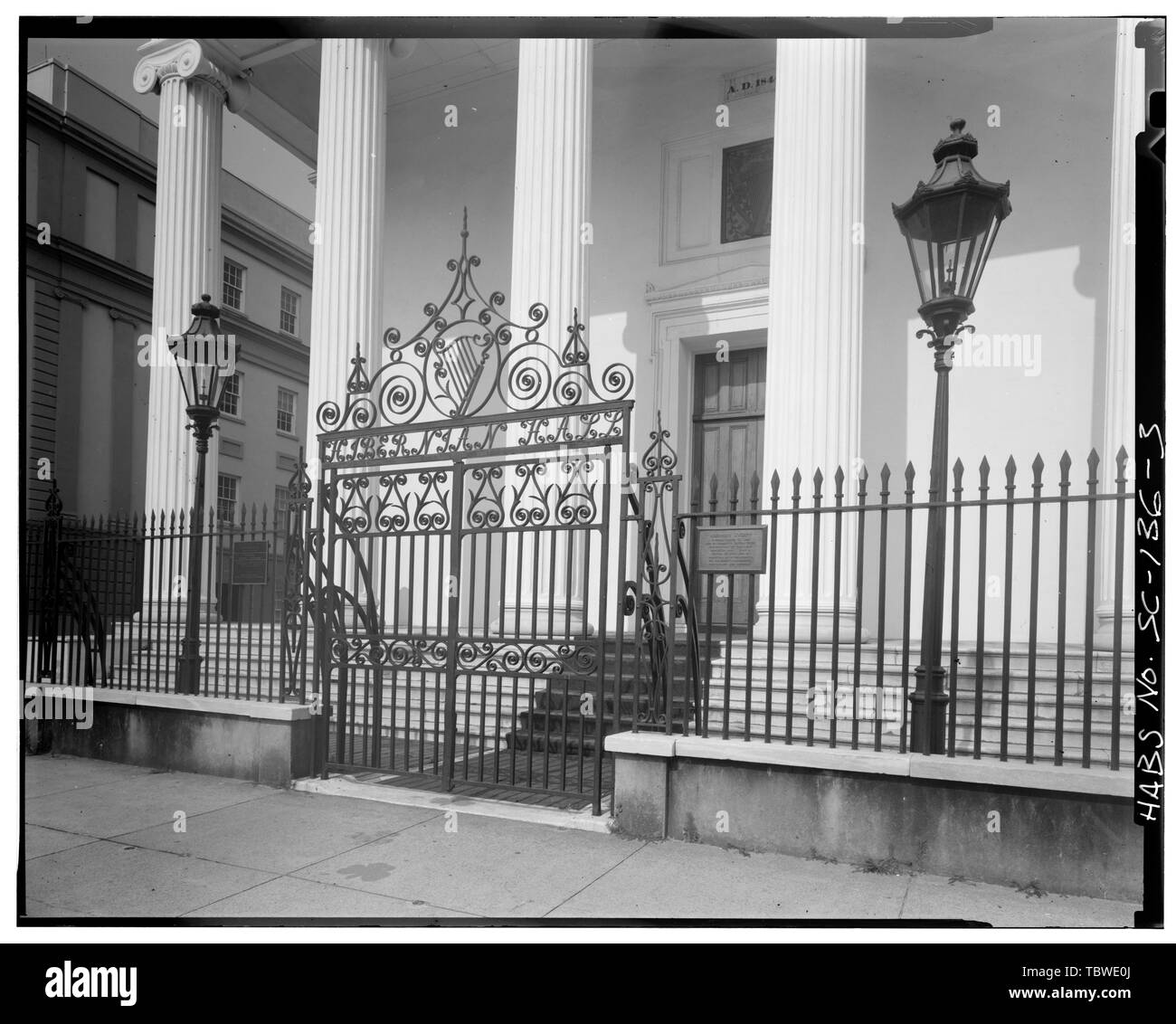 MAIN GATE WITH LANTERNS, EAST (FRONT) SIDE  Hibernian Hall, 105 Meeting Street, Charleston, Charleston County, SC Walter, Thomas U. Stock Photo
