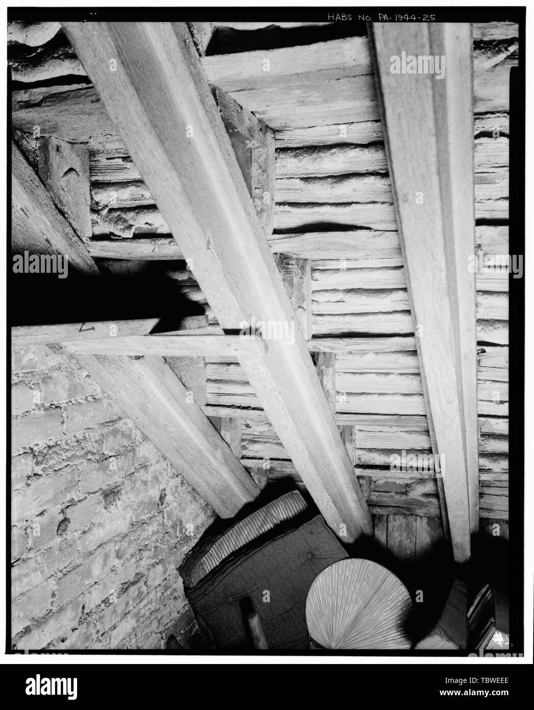 MAIN MEETING ROOM STAIRWAY IN SOUTHEAST CORNER. Stairway seen from below showing lath and plaster fireproofing applied to framing before treads and risers.  Twelfth Street Meeting House, 20 South Twelfth Street, Philadelphia, Philadelphia County, PA Stock Photo