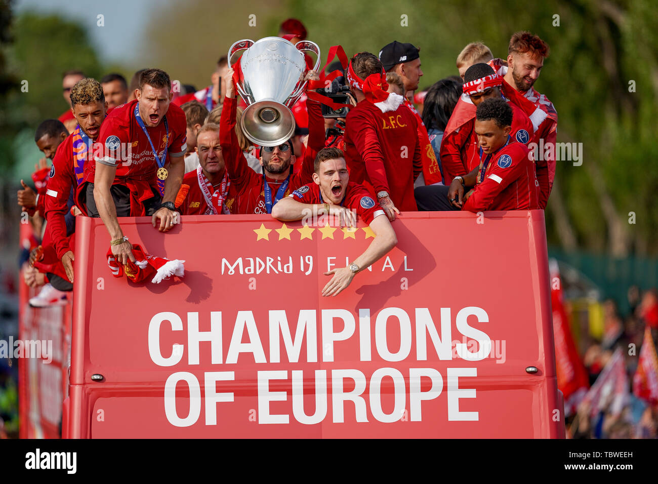 Liverpool Football club Champions League parade through the city on an open top bus.  2nd June 2019 , Liverpool, England; UEFA Champions League, Liverpool FC Champions League winners celebrations and open top bus parade ;    Credit: Terry Donnelly/News Images Stock Photo