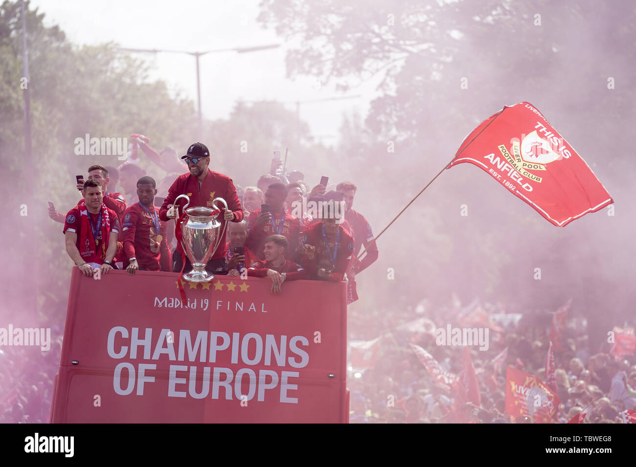 2nd June 2019 , Liverpool, England; UEFA Champions League, Liverpool FC Champions League winners celebrations and open top bus parade ;    Credit: Terry Donnelly/News Images Stock Photo