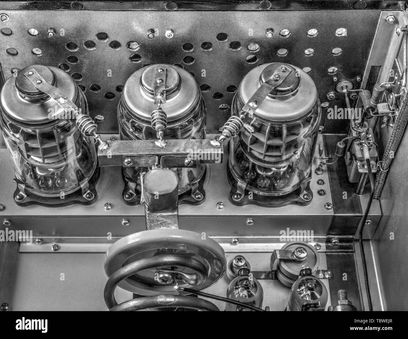 Vacuum tubes shortwave power amplifier in black and white Stock Photo