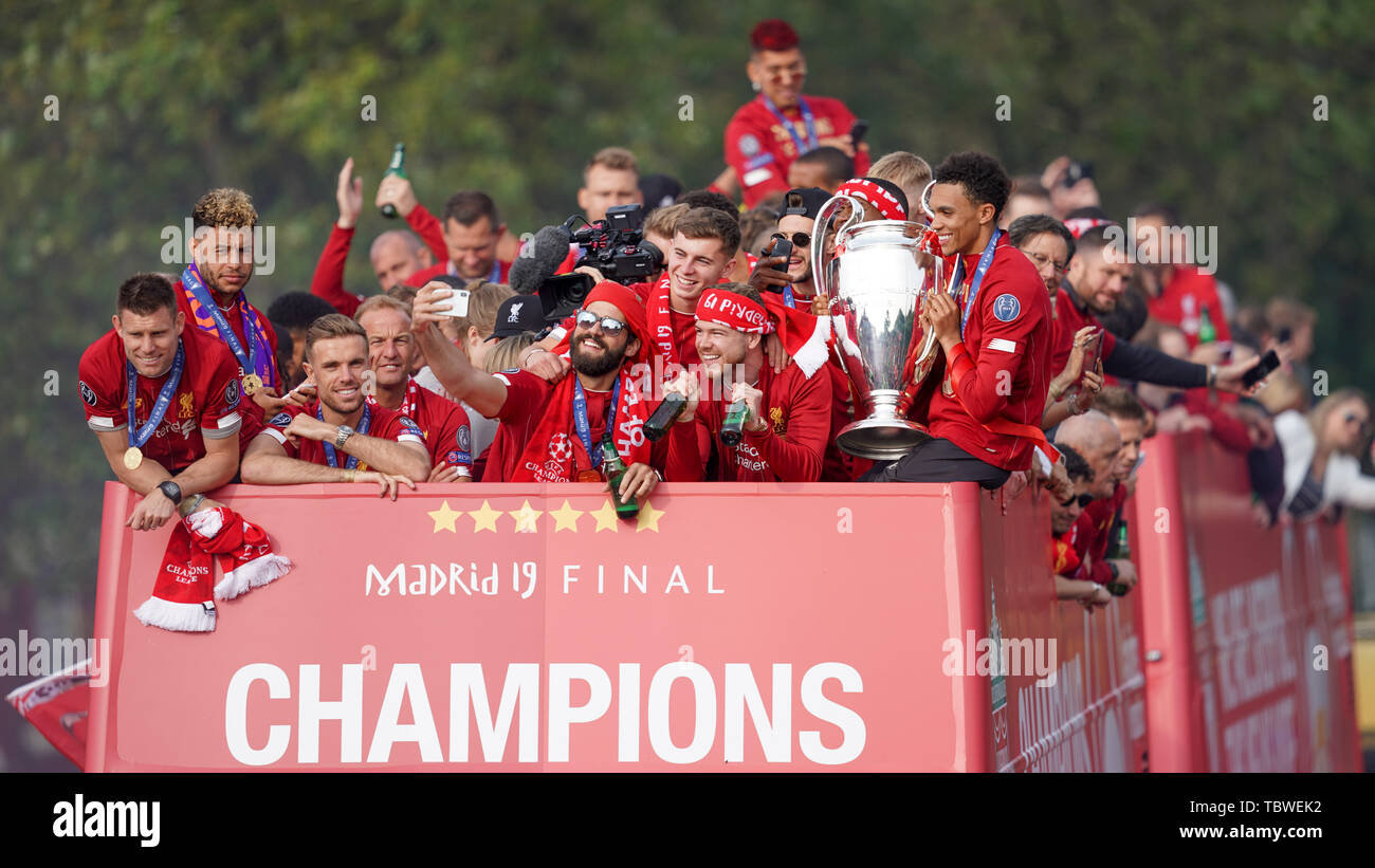 Liverpool Football club Champions League parade through the city on an open top bus.  2nd June 2019 , Liverpool, England; UEFA Champions League, Liverpool FC Champions League winners celebrations and open top bus parade ;    Credit: Terry Donnelly/News Images Stock Photo