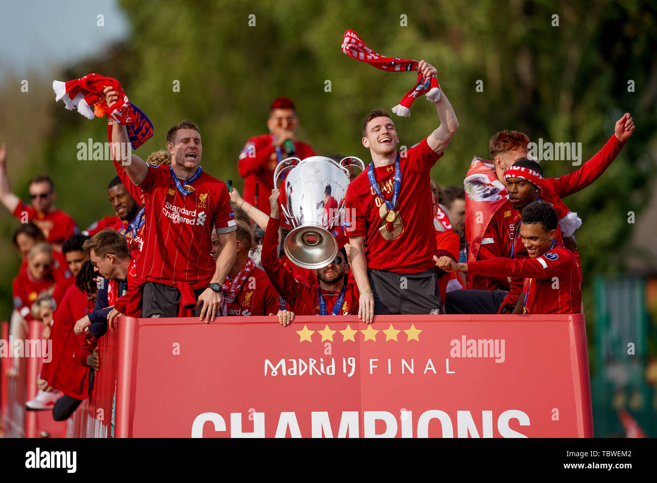 2nd June 2019 , Liverpool, England; UEFA Champions League, Liverpool FC Champions  League winners celebrations and open top bus parade ;Roberto Firmino (09)  of Liverpool and Alisson Becker (13) of Liverpool sit