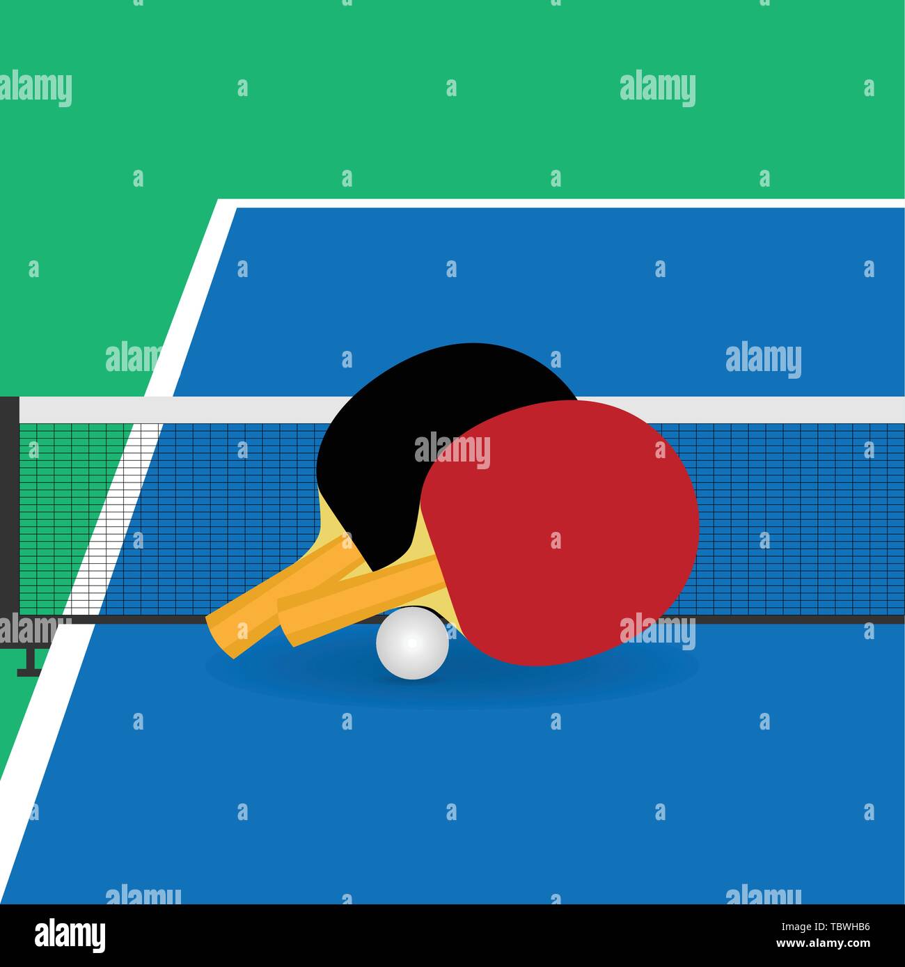 Table tennis rackets and ball neat the net Stock Vector