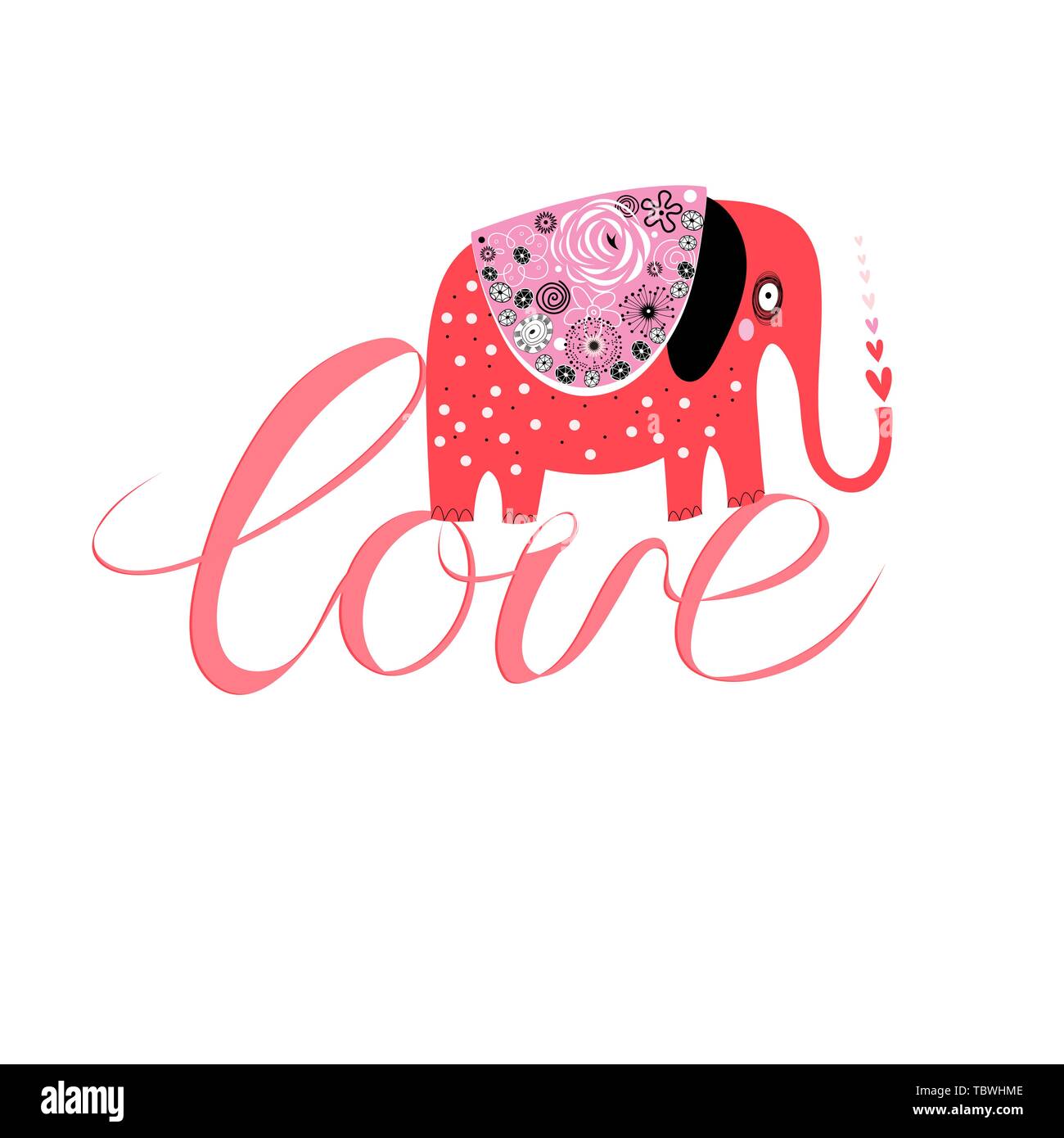 Funny red elephant in love on the inscription love isolated on a white background Stock Vector