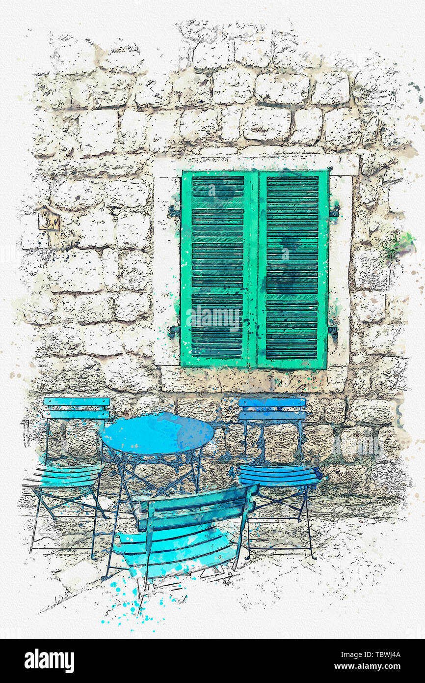 Watercolor sketch visible on an empty street cafe. Tables and chairs near the old building. Stock Photo