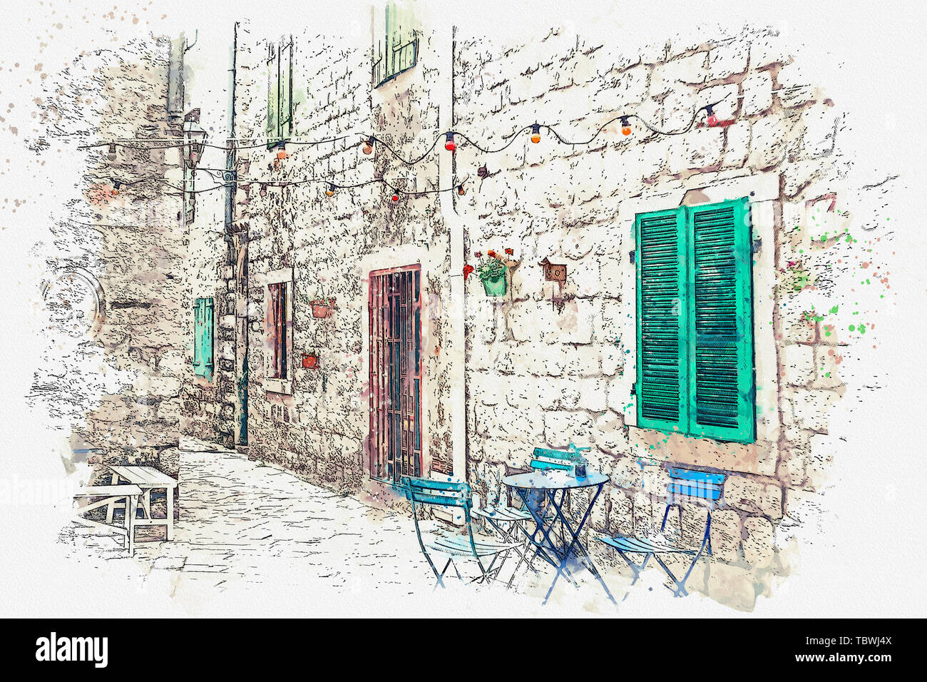 Watercolor sketch visible on an empty street cafe. Tables and chairs near the old building. Stock Photo