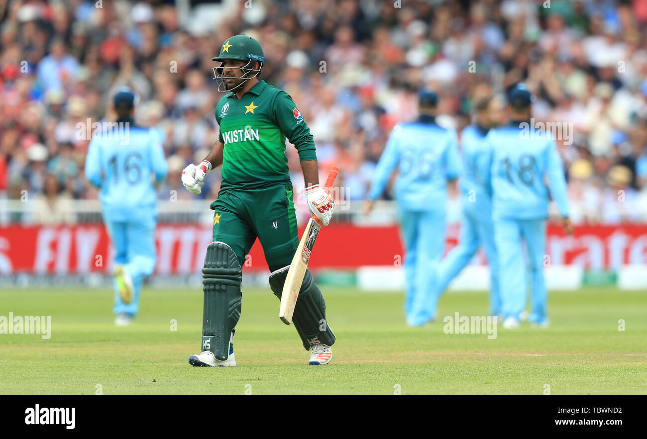 Pakistan's Sarfaraz Ahmed walks off after being dismissed during the ICC Cricket World Cup group stage match at Trent Bridge, Nottingham. Stock Photo