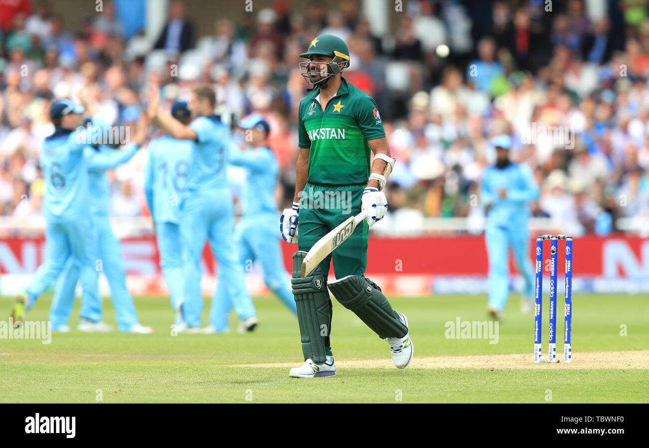 Pakistan's Wahab Riaz walks off after being dismissed during the ICC Cricket World Cup group stage match at Trent Bridge, Nottingham. Stock Photo