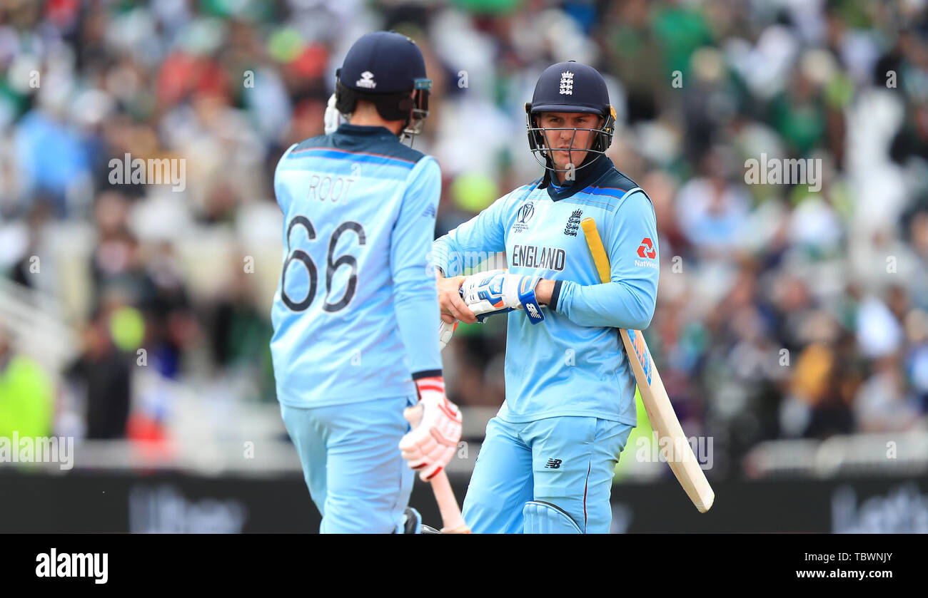 England's Jason Roy (right) walks off after being dismissed during the ICC Cricket World Cup group stage match at Trent Bridge, Nottingham. Stock Photo