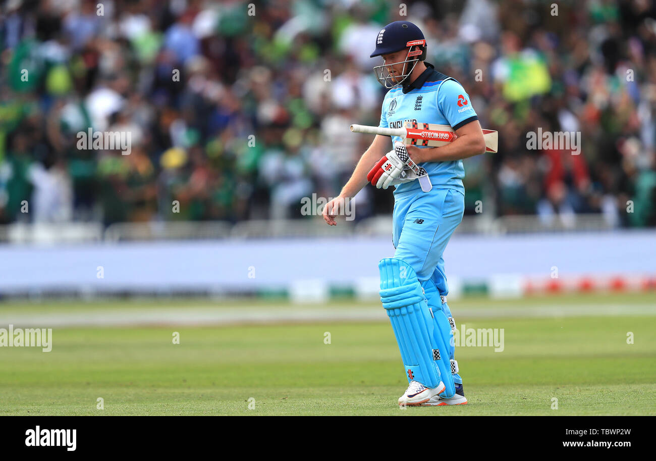 England's Jonny Bairstow walks off after being dismissed during the ICC Cricket World Cup group stage match at Trent Bridge, Nottingham. Stock Photo