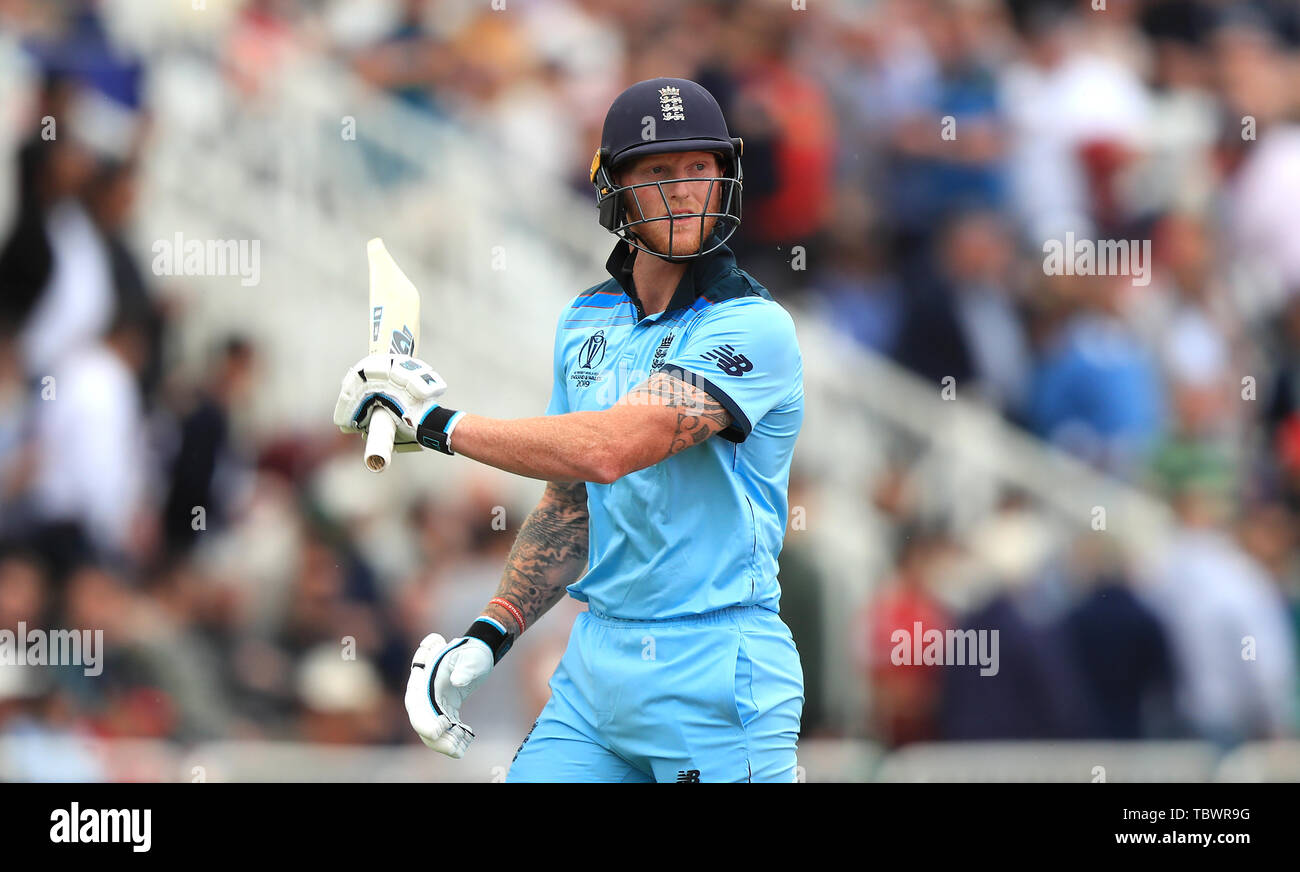 England's Ben Stokes walks off as he is dismissed during the ICC Cricket World Cup group stage match at Trent Bridge, Nottingham. Stock Photo