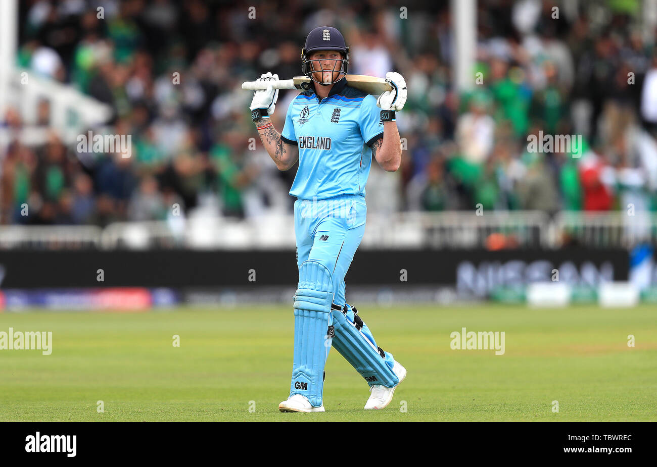 England's Ben Stokes walks off after being dismissed during the ICC Cricket World Cup group stage match at Trent Bridge, Nottingham. Stock Photo