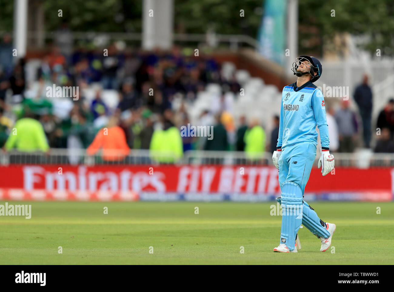 England's Joe Root appears dejected after being dismissed during the ICC Cricket World Cup group stage match at Trent Bridge, Nottingham. Stock Photo
