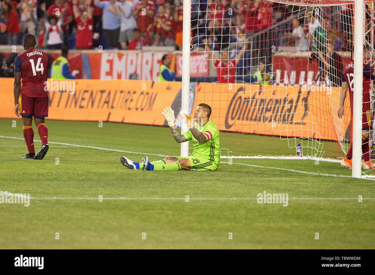 Goalkeeper Nick Rimando (18) reacts after allowing goal during regular MLS game against Red Bulls on Red Bull Arena Red Bulls won 4 - 0 (Photo by Lev Radin / Pacific Press) Stock Photo