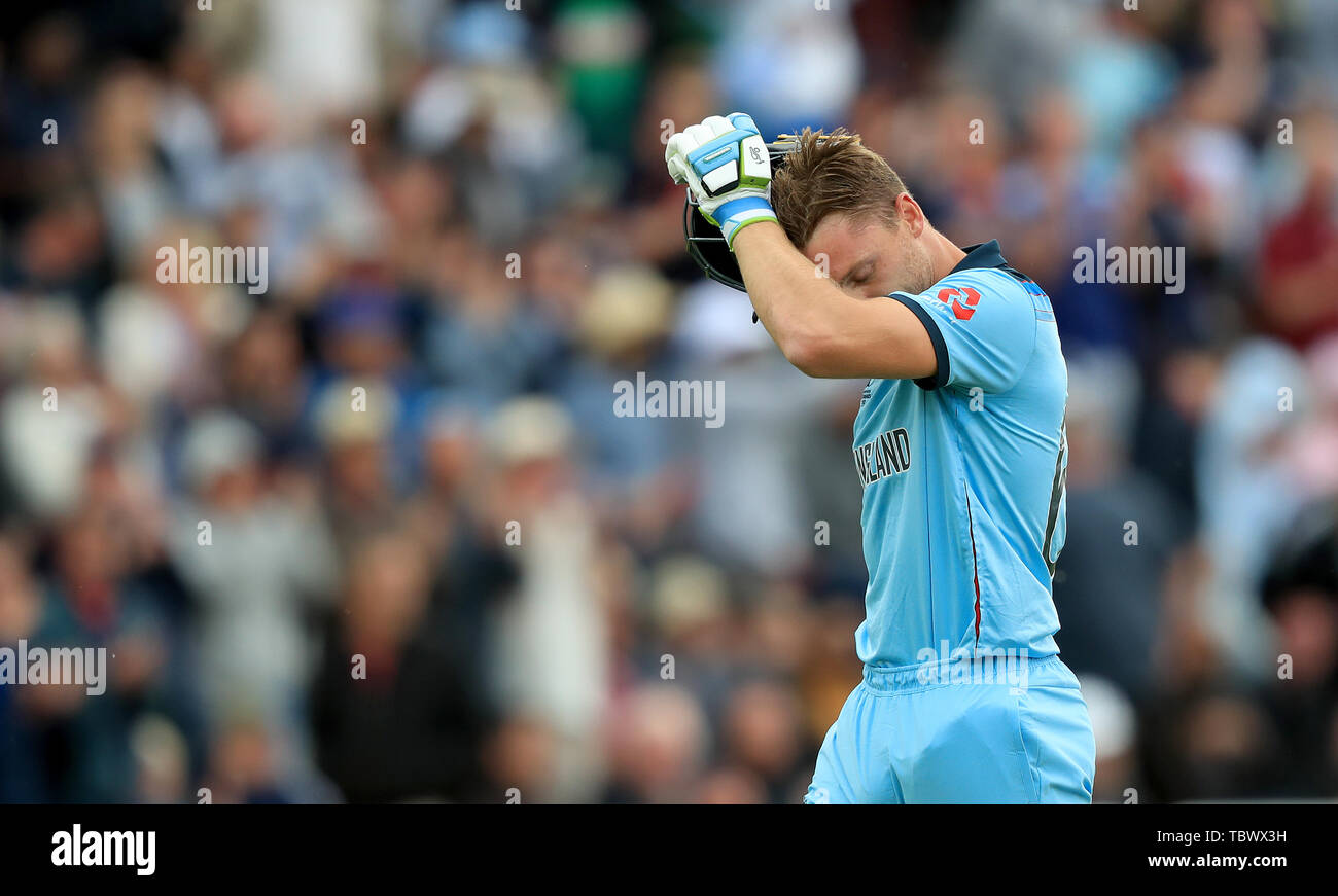 England's Jos Buttler appears dejected after being dismissed during the ICC Cricket World Cup group stage match at Trent Bridge, Nottingham. Stock Photo