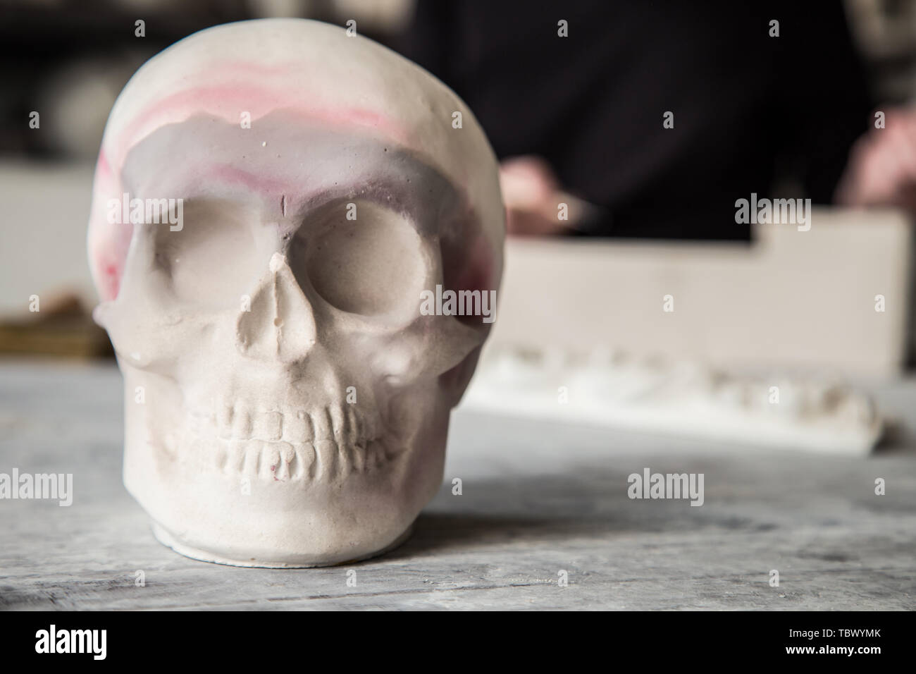 White plaster human skull on a blurred background. Copy space. Stock Photo