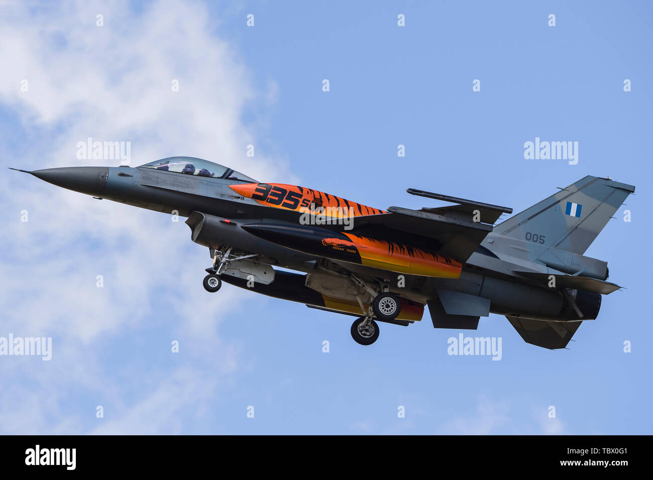 The F-16 fighter at the 2016 NATO Tiger Air Show belongs to the Greek Air Force and model F-16C / D Block 52. It's a newer batch of F - 16 fighters. The fighter is a potential opponent with the F-16C / D Block 50 fighter jets of the neighbouring Turkish Air Force. Stock Photo