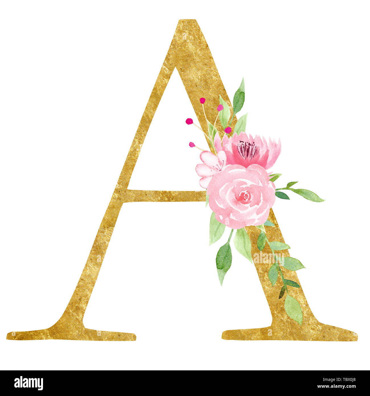 Initial A letter with flowers raster illustration. Latin alphabet ...