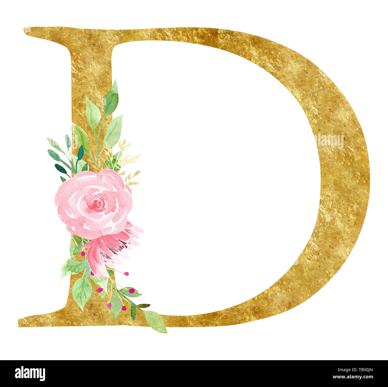 Initial D letter with blossom raster illustration. Latin alphabet symbol with pink flowers watercolor painting. Cardboard monogram with golden texture Stock Photo