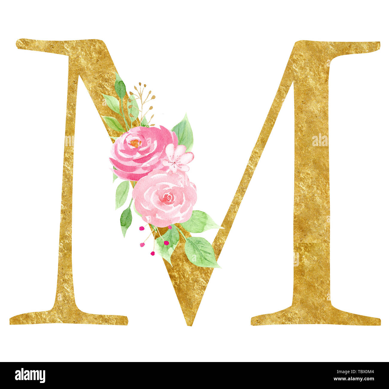 M letter with blooming flowers raster illustration. Latin alphabet sign with elegant flowering watercolor painting. Cardboard consonant with gold text Stock Photo