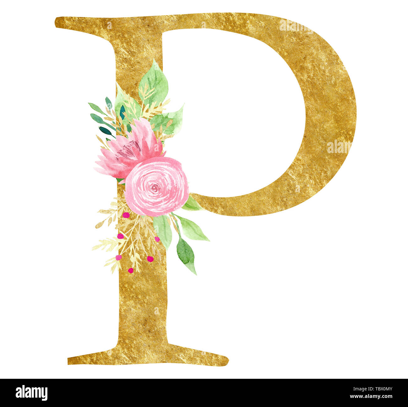 Letter P in watercolor flowers and leaves. Floral monogram