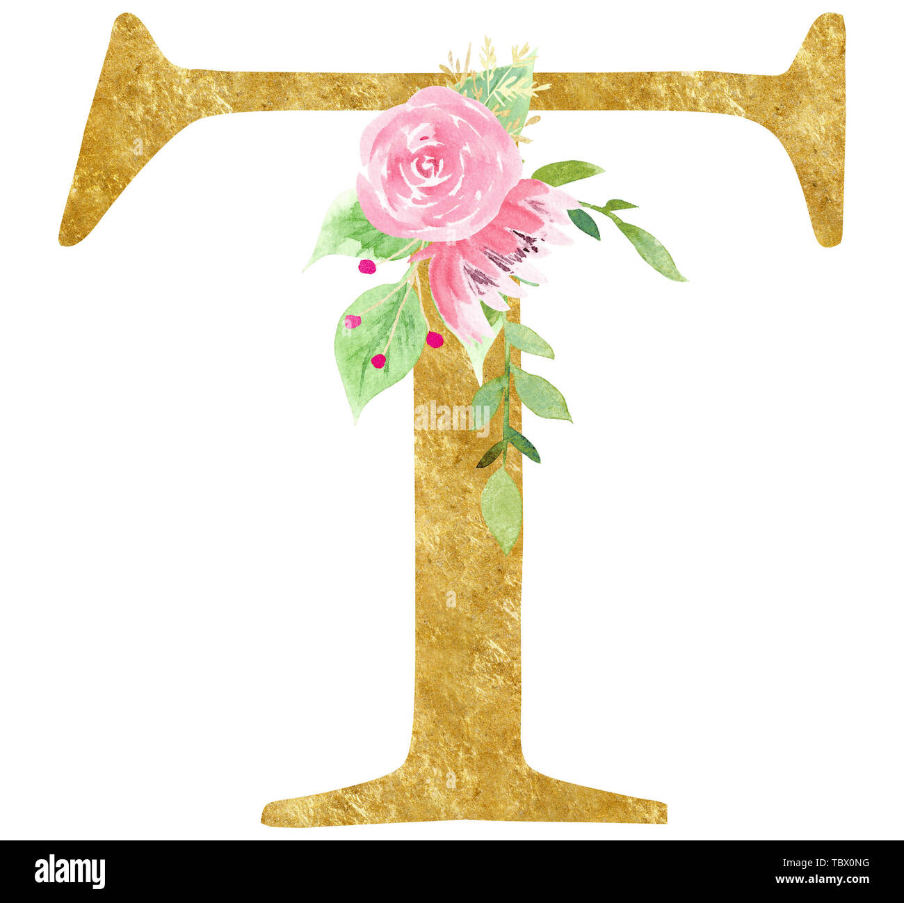 T letter with pink blossom raster illustration. Golden latin consonant watercolor painting. Cardboard alphabet symbol with beautiful rose and lotus. B Stock Photo
