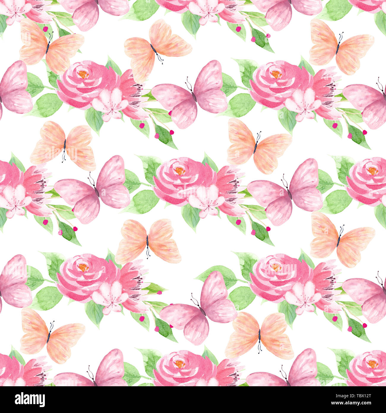 Butterflies and spring blossom seamless pattern Stock Photo