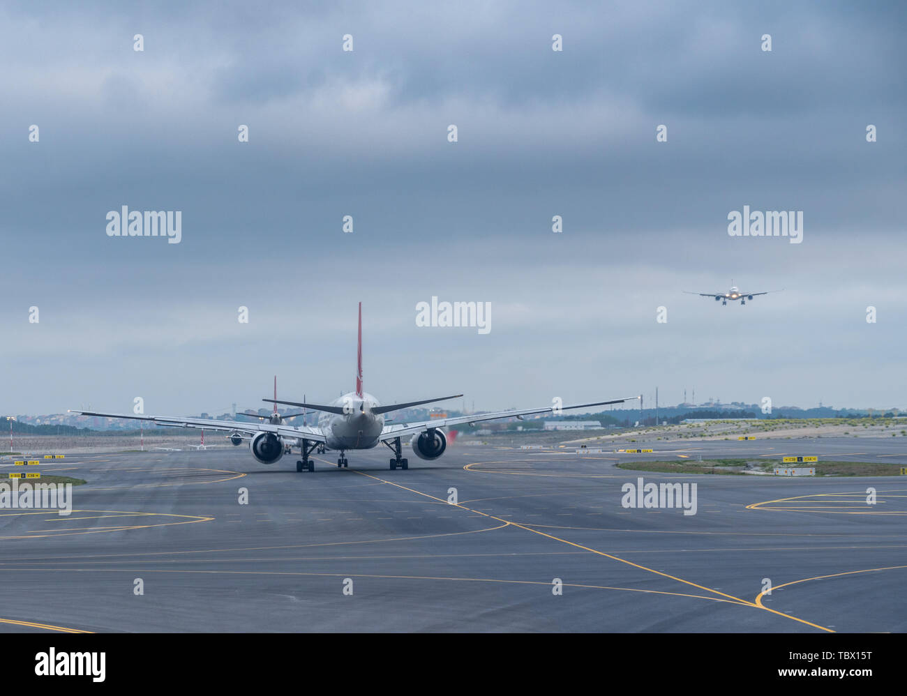 Turkish Airlines planes queue for takeoff at Istanbul Airport in Turkey Stock Photo