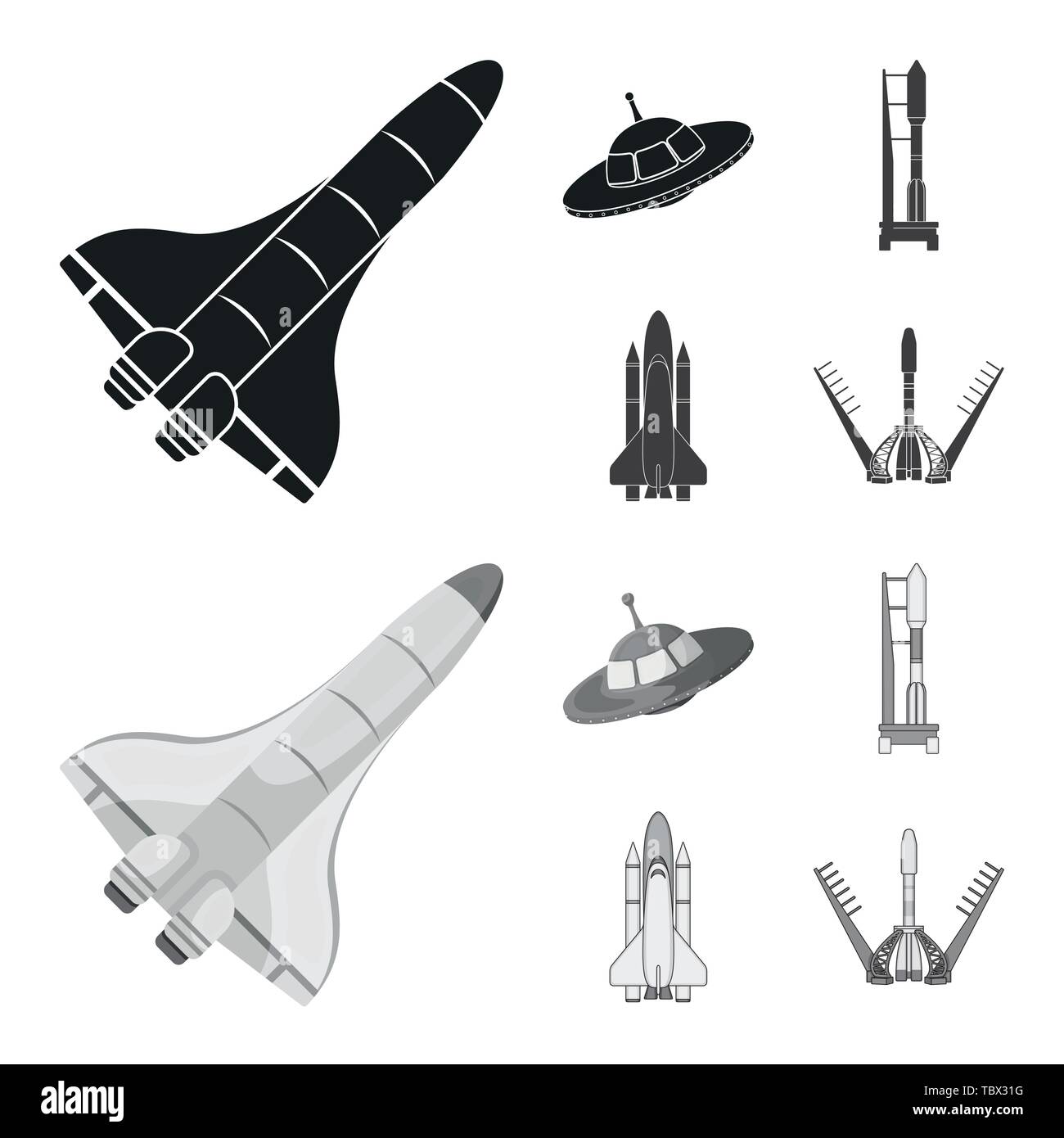 Vector illustration of spaceship and ship sign. Collection of spaceship ...