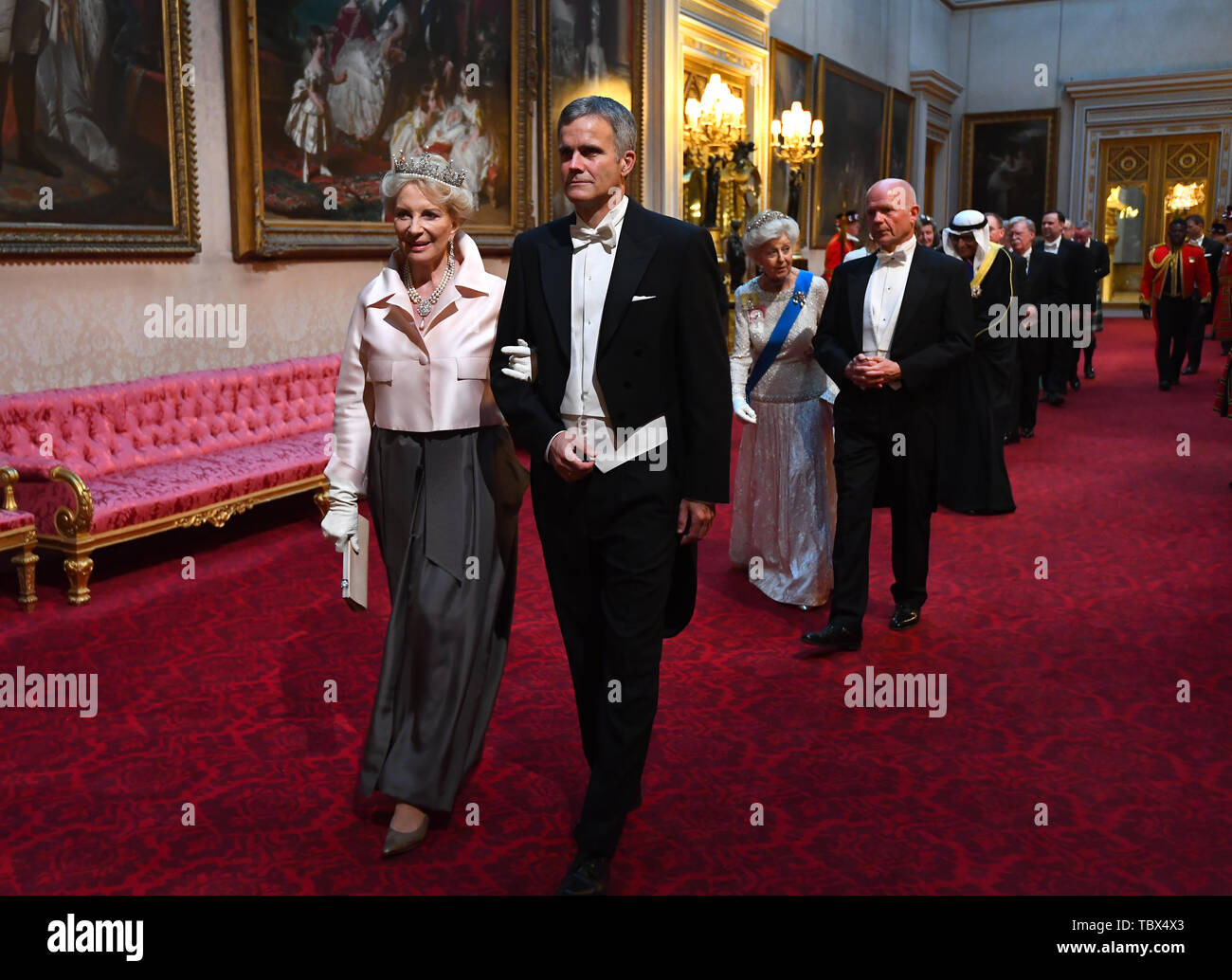 Princess Michael of Kent and Helge Lund arrive through the East Gallery during the State Banquet at Buckingham Palace, London, on day one of the US President's three day state visit to the UK. Stock Photo