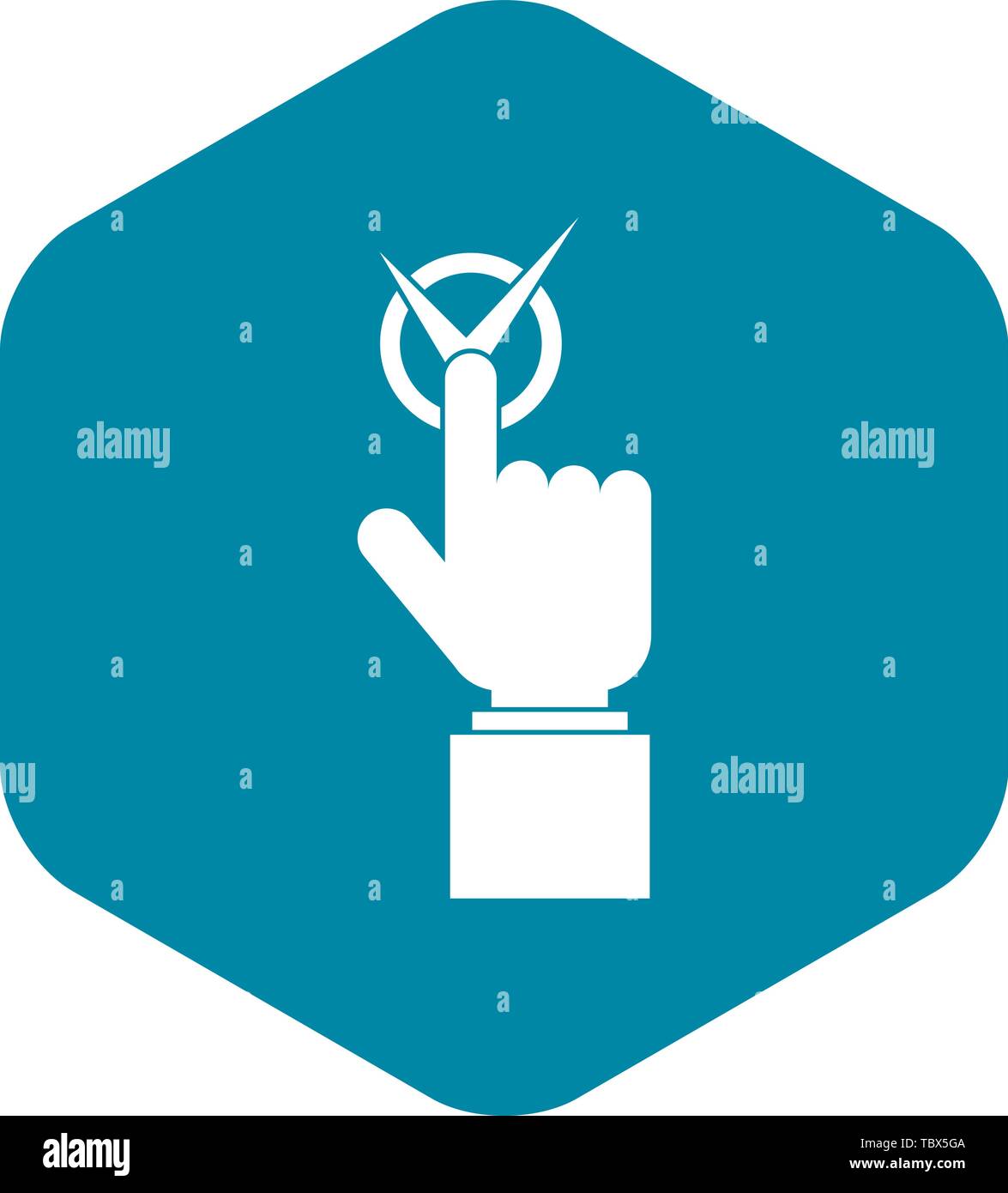 Hand finger pressing button with tick icon Stock Vector