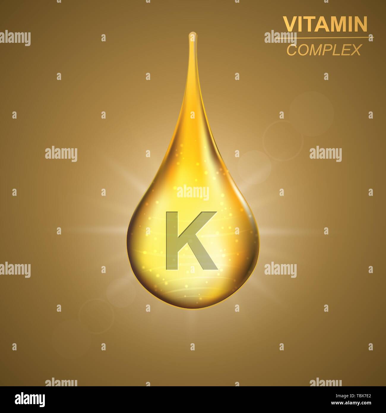Vitamin K gold shining drop icon . Vitamin complex background Stock Vector