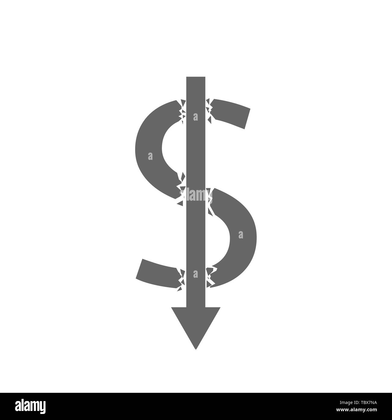 Financial damage. Dollar sign and decline arrow symbol Vector illustration Stock Vector