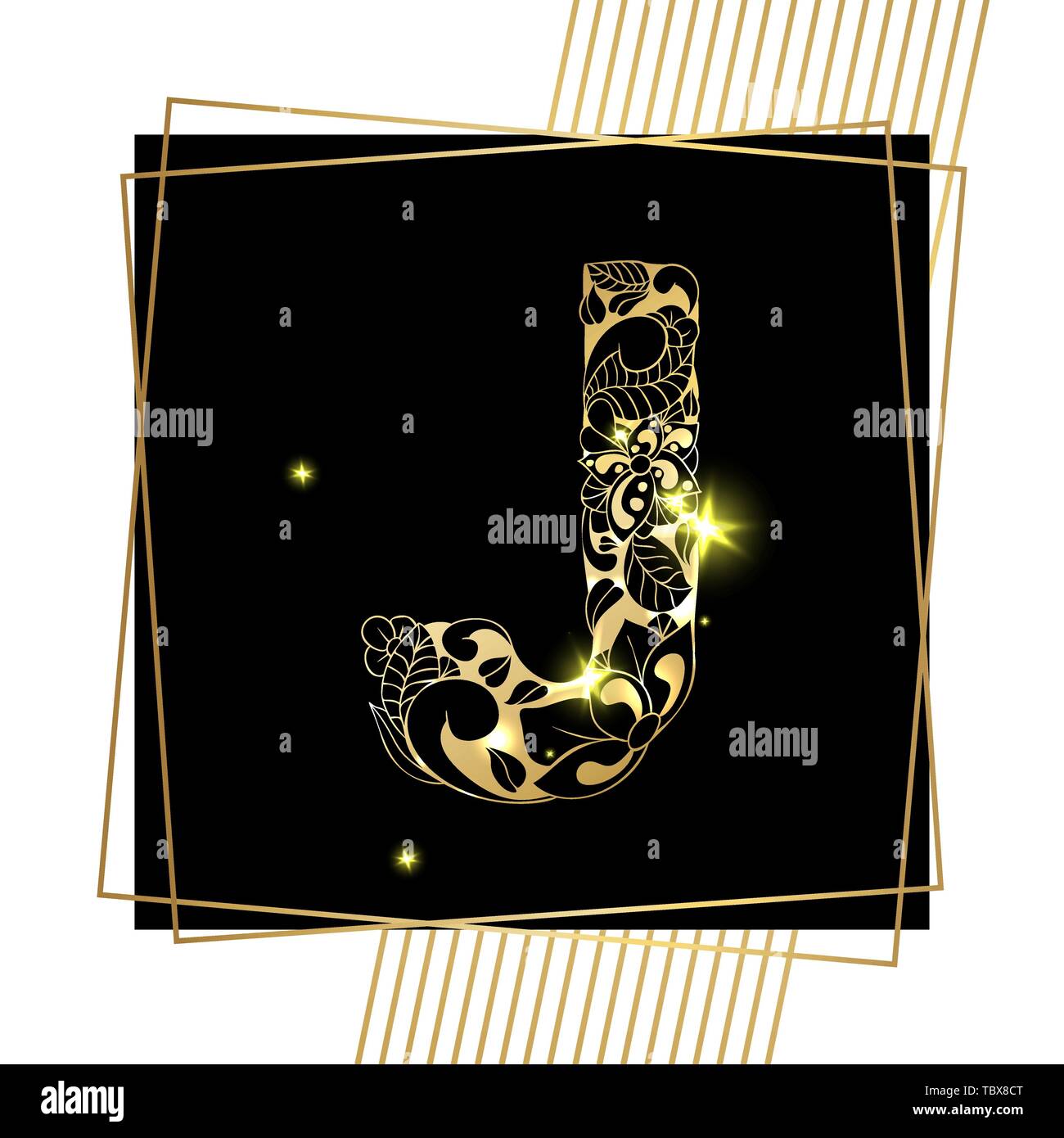 Golden Floral Ornamental Alphabet, Initial Letter J Font with Modern Stylized Frames. Abstract Lines Poster. Vector Typography Symbol for Gold Wedding. Monograms Isolated Design on Black Background Stock Vector