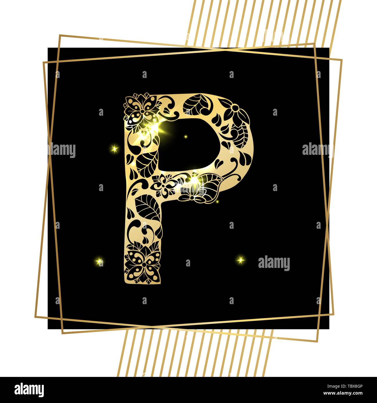 golden floral ornamental alphabet initial letter p font