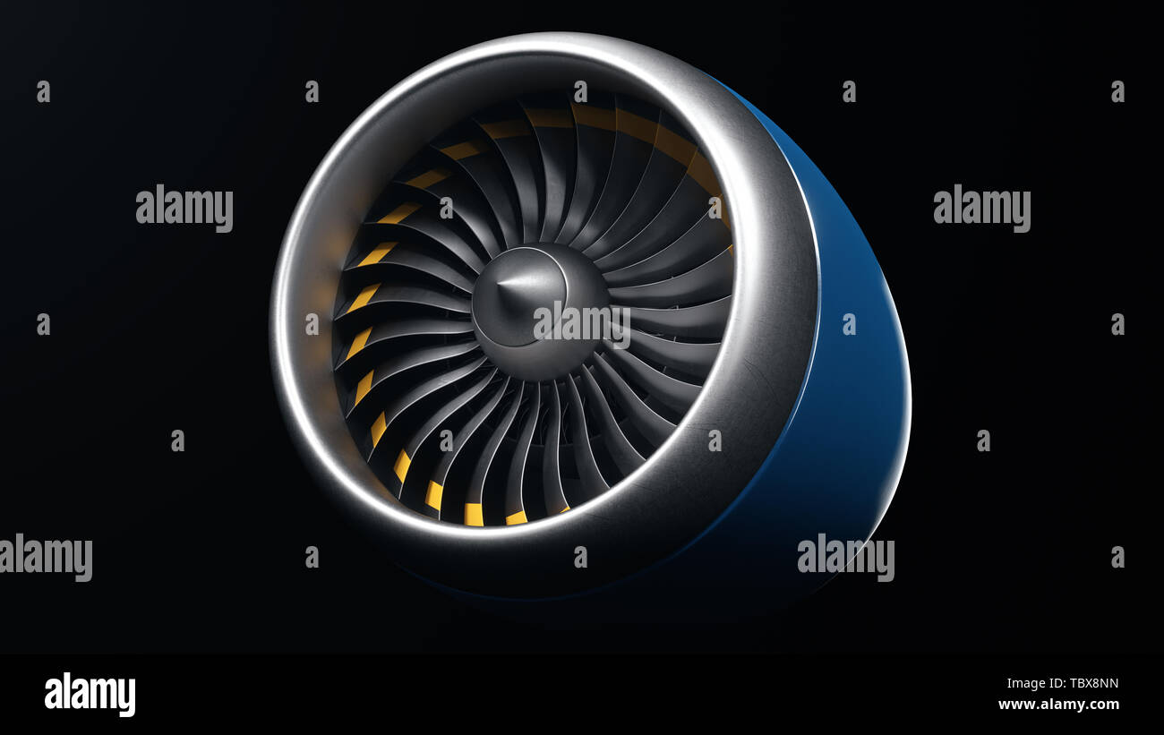 3D illustration jet engine, closeup view jet engine blades. Isolated