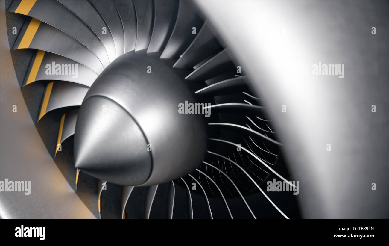 3D illustration jet engine, closeup view jet engine blades. Rotating