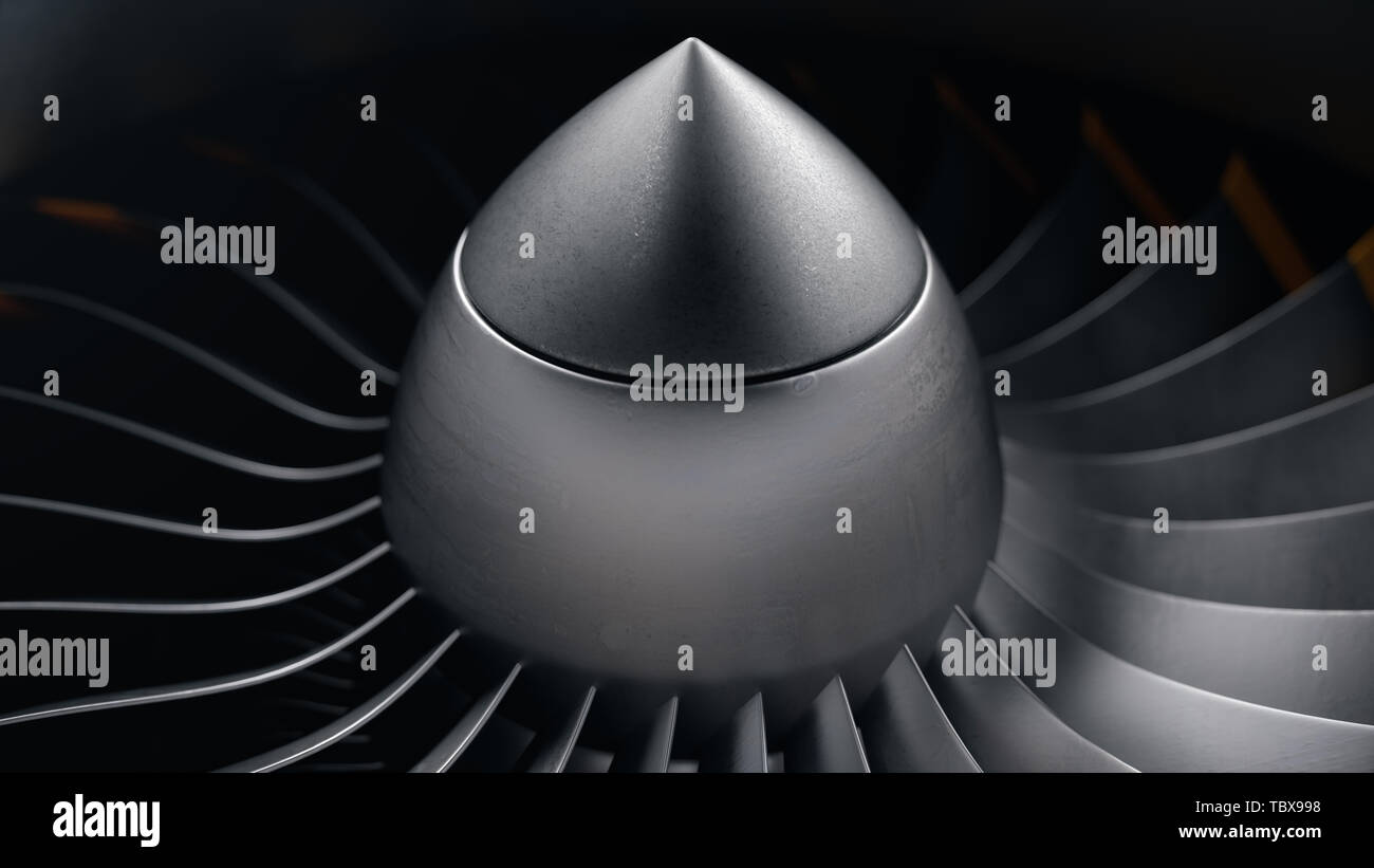 3D illustration jet engine, closeup view jet engine blades. Rotating