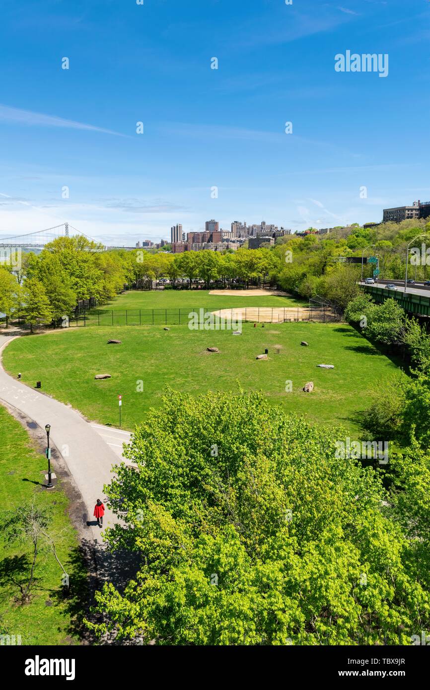 Arial view across Riverbank State Park in New York City with Upper Manhattan and the George Washington Bridge in the background Stock Photo