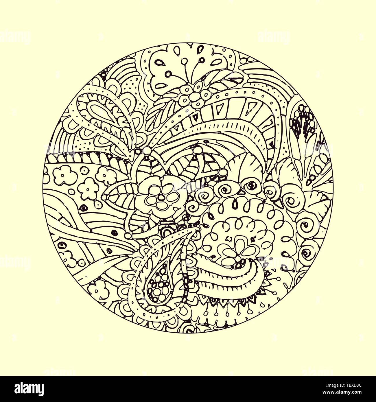 Mandala ornament. Decorative doodles in zentangle style. Vector page template for coloring book. Stock Vector