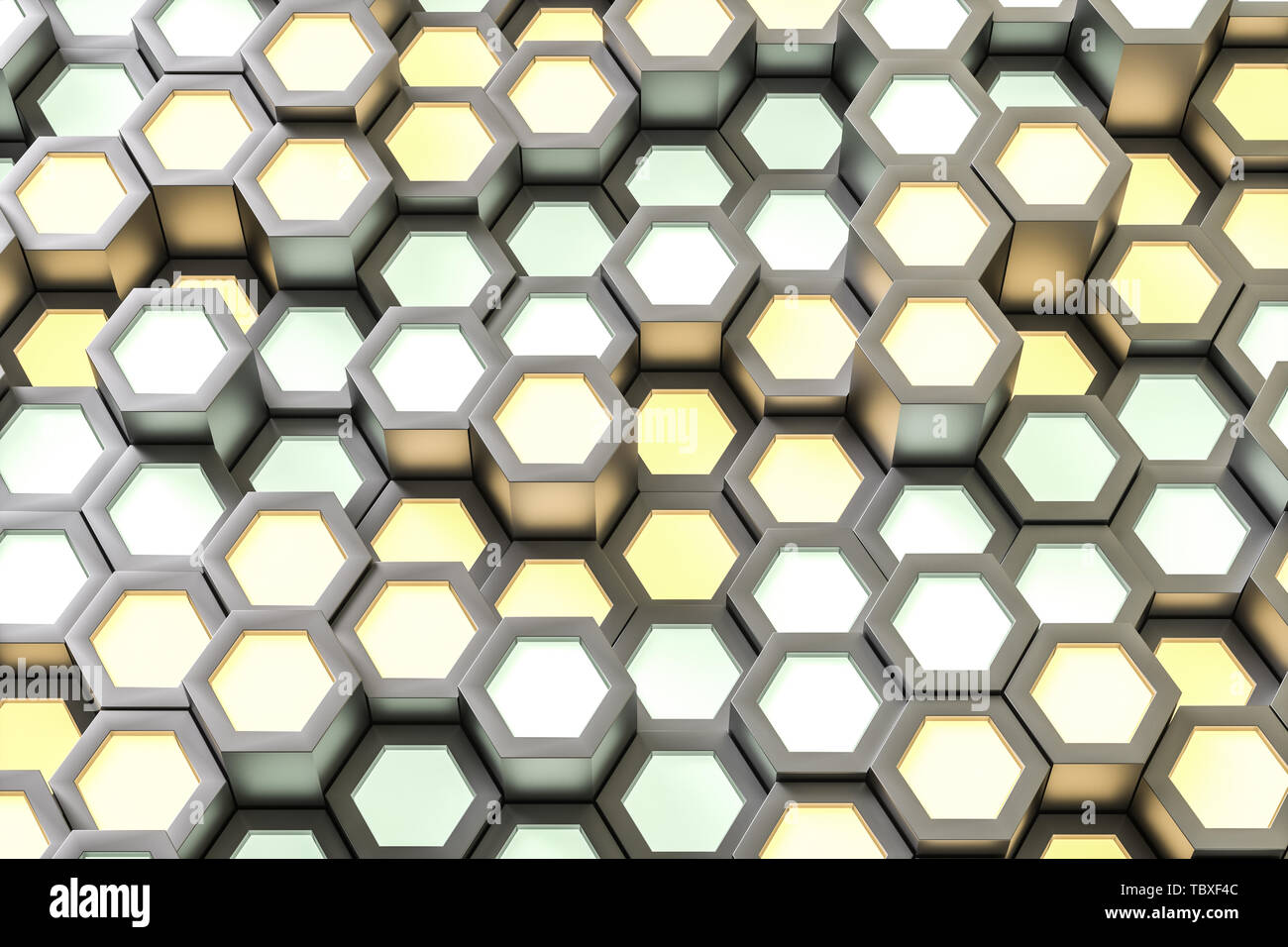 Golden hexagonal metallic background, three-dimensional rendering Stock Photo