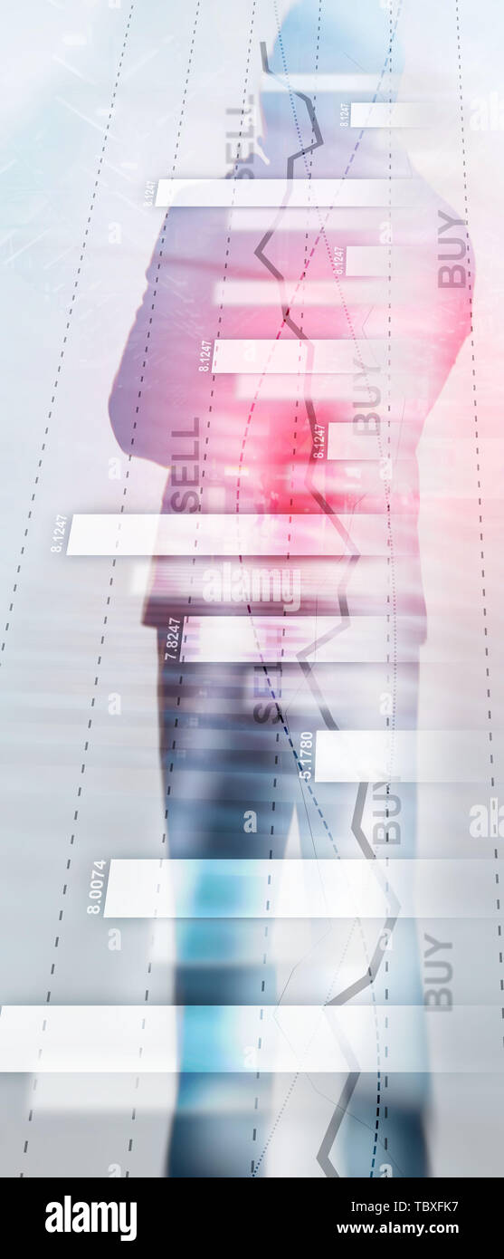 Vertical Panorama Banner. Financial stock trading graph chart diagram business finance concept double exposure mixed media. Stock Photo