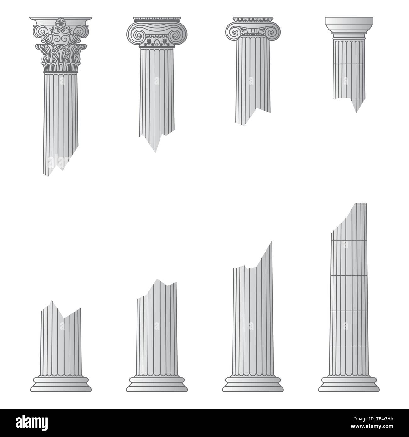 destroyed historic Greek antique columns with capitals of different orders and with place for text Stock Vector