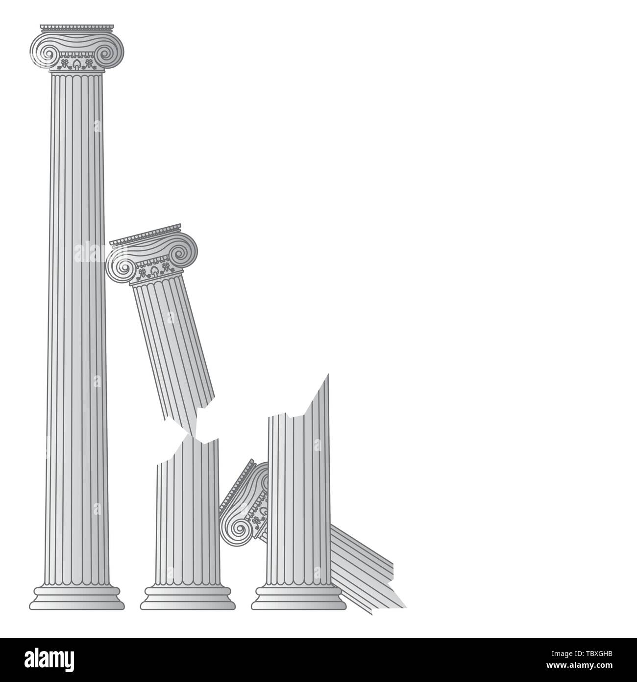 destroyed ancient Greek antique columns with capitals of the Ionic order and with place for text vector illustration Stock Vector
