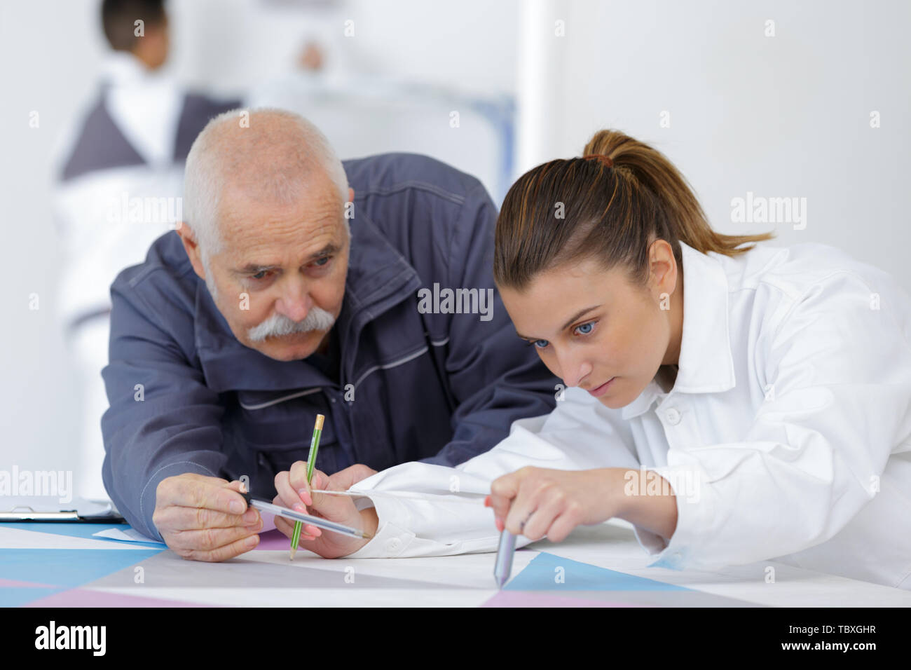female apprentice with male decorator in training Stock Photo