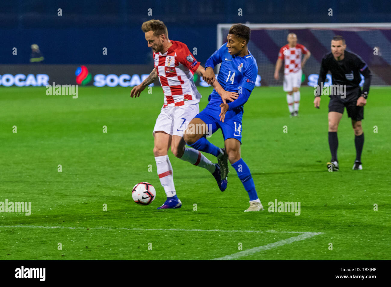 ZAGREB, CROATIA - MARCH 21, 2019: UEFA EURO 2020 Qualifying round. Croatia VS Azerbaijan. In action Ivan RAKITIC (7) and EDDY (14) Stock Photo